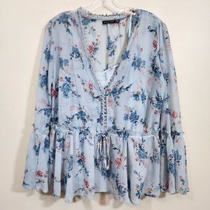 Amanda‎ Green semi sheer v-neck floral bell sleeve elastic peplum hem blouse Med